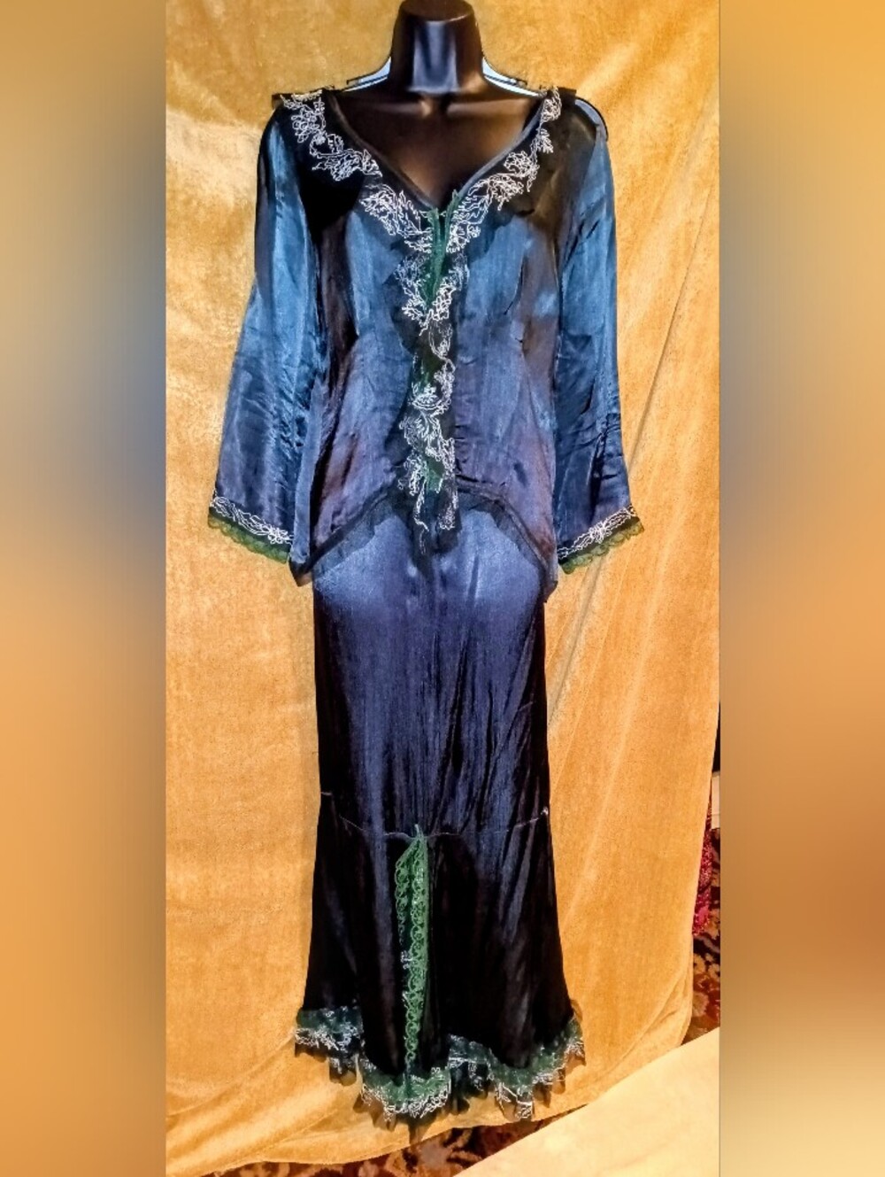 Nataya Silk-Feel Dark Green Lace Trim Women's Delicate Top & Maxi Skirt Set Sz M